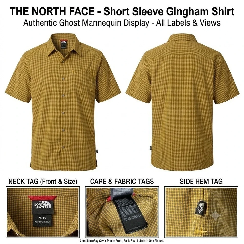 The North Face Men XL Short Sleeve Gingham Button Down Shirt Mustard Yellow Grey